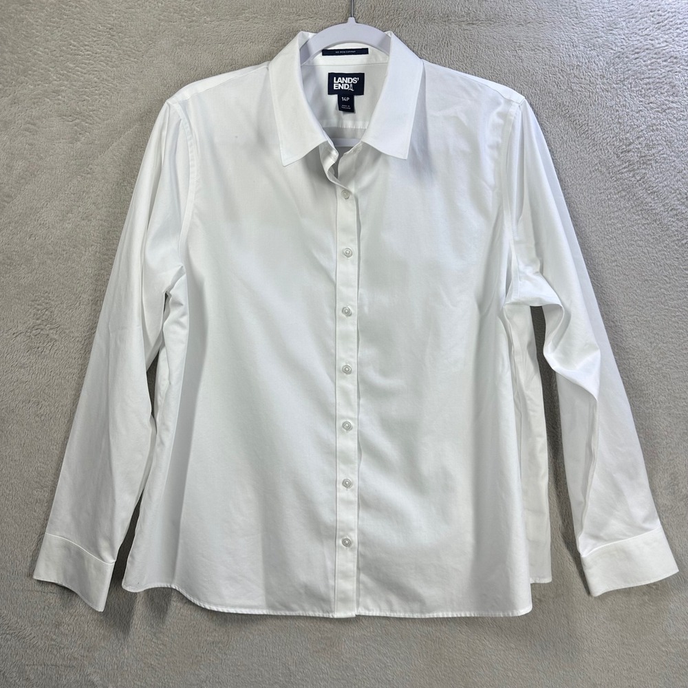 Lands End Womens White No Iron Supima Cotton Button Down Shirt Petite 14P L/S